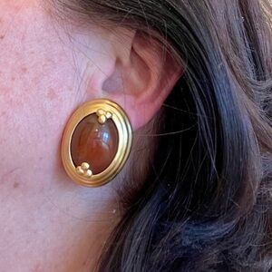Gold-Tone Oval Brown Cabochon Clip Earrings